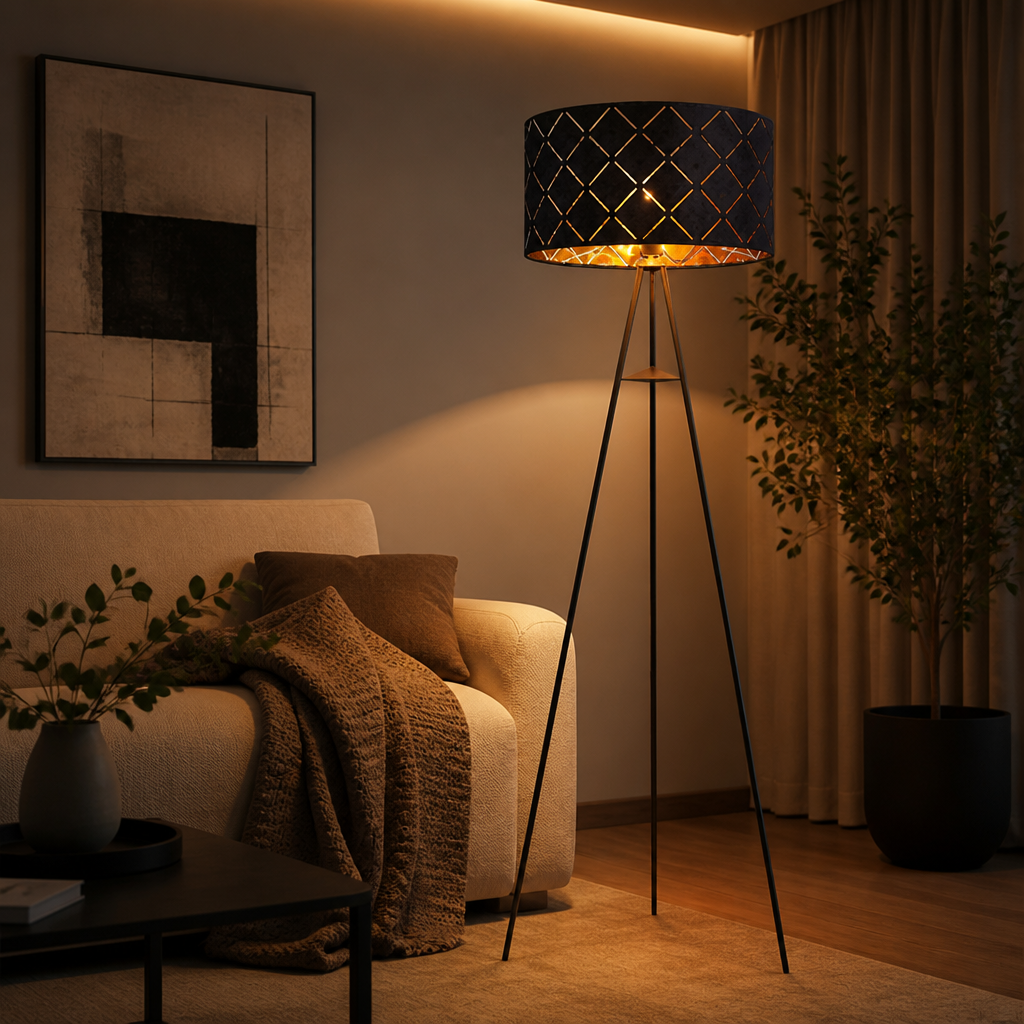 Scandinavian Black & Gold Fabric Floor Lamp