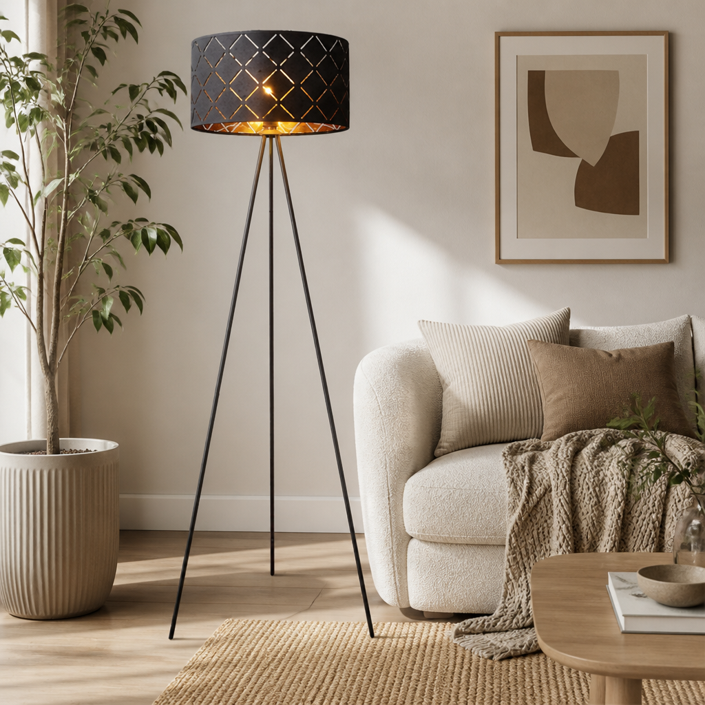 Scandinavian Black & Gold Fabric Floor Lamp