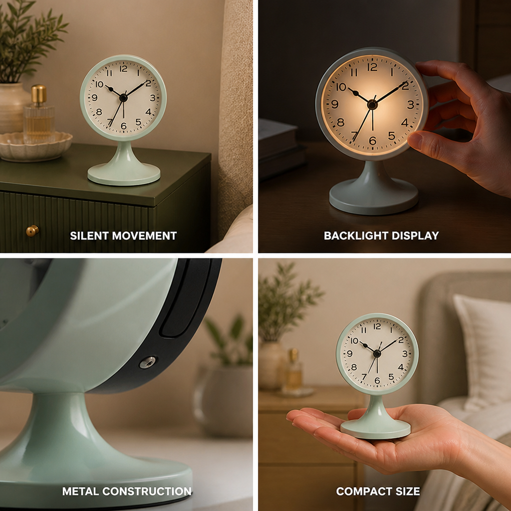 Alarm Clock Silent Quartz Metal Body & Backlight