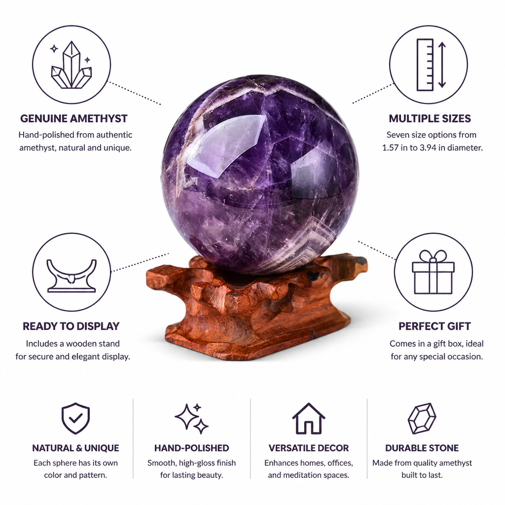 Amethyst Sphere Genuine Hand-Polished Wooden Stand Included