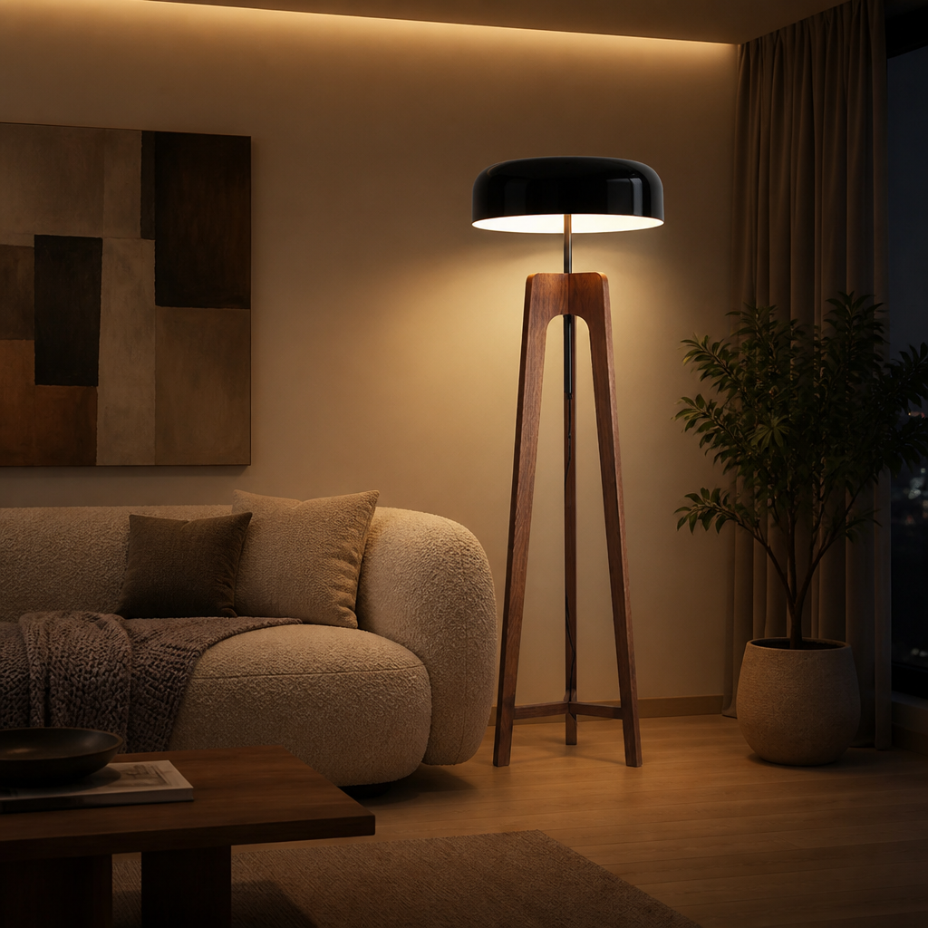 Art-Deco Wood LED Tripod Floor Lamp