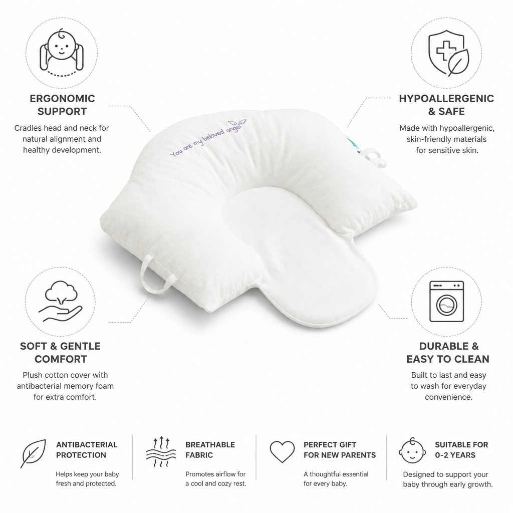 Baby Pillow Ergonomic Head & Neck Support Antibacterial Foam