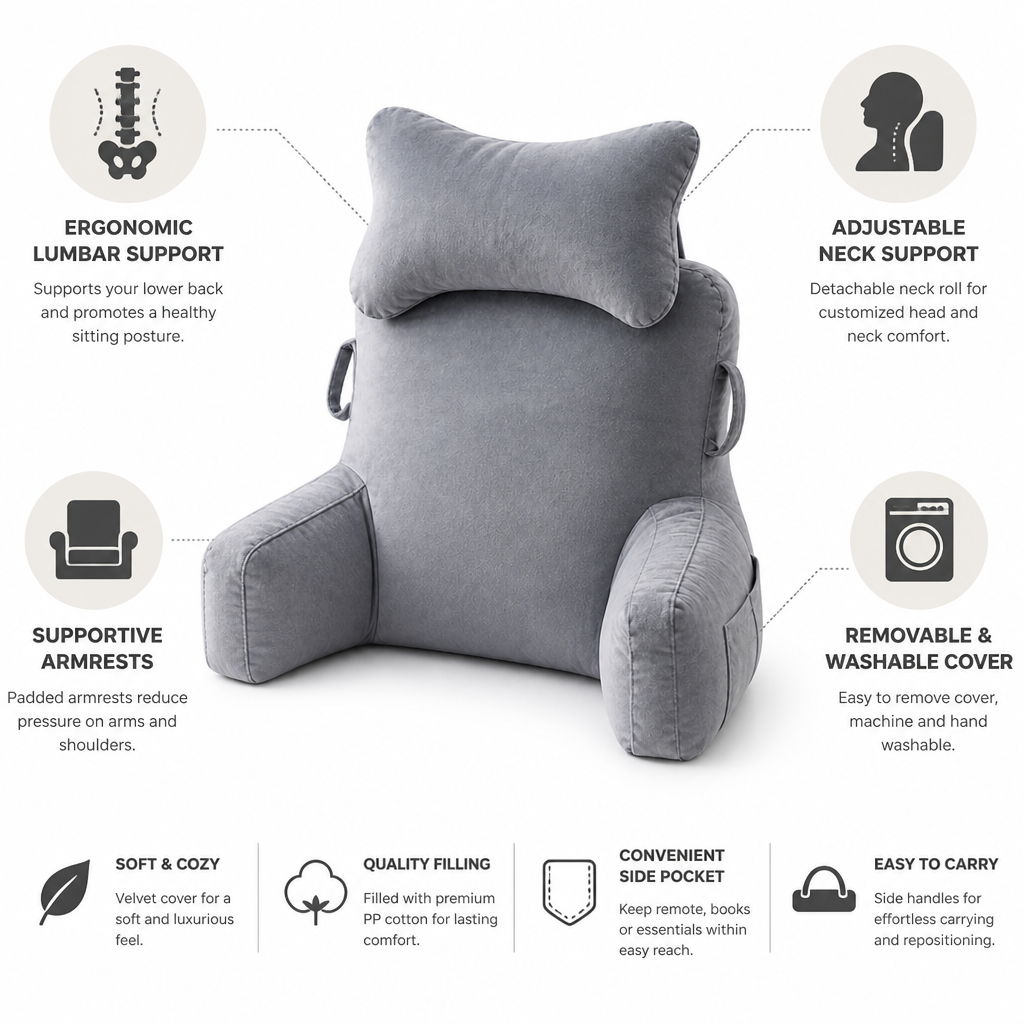 Backrest Pillow Ergonomic High Back Armrests & Neck Roll