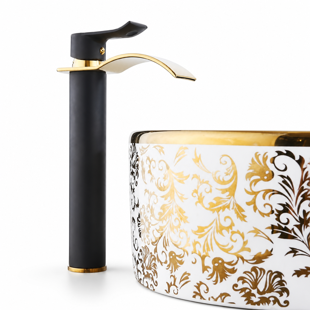 Bathroom Faucet Waterfall Spout Brass Gold-Plated Single-Handle