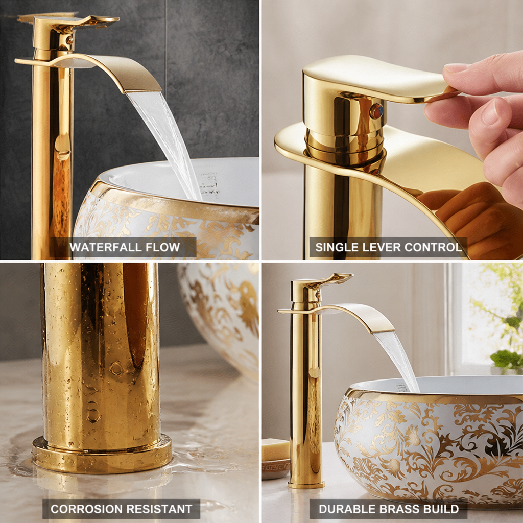 Bathroom Faucet Waterfall Spout Brass Gold-Plated Single-Handle