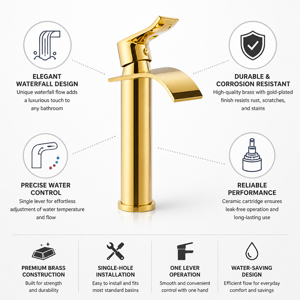 Bathroom Faucet Waterfall Spout Brass Gold-Plated Single-Handle
