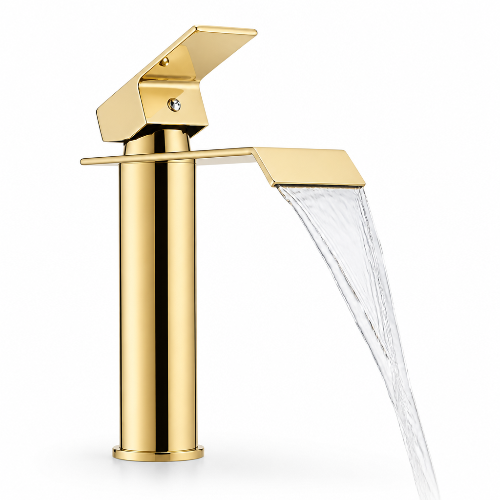 Bathroom Faucet Waterfall Spout Brass Gold-Plated Single-Handle