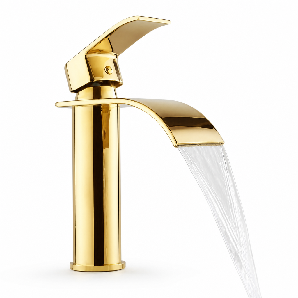Bathroom Faucet Waterfall Spout Brass Gold-Plated Single-Handle