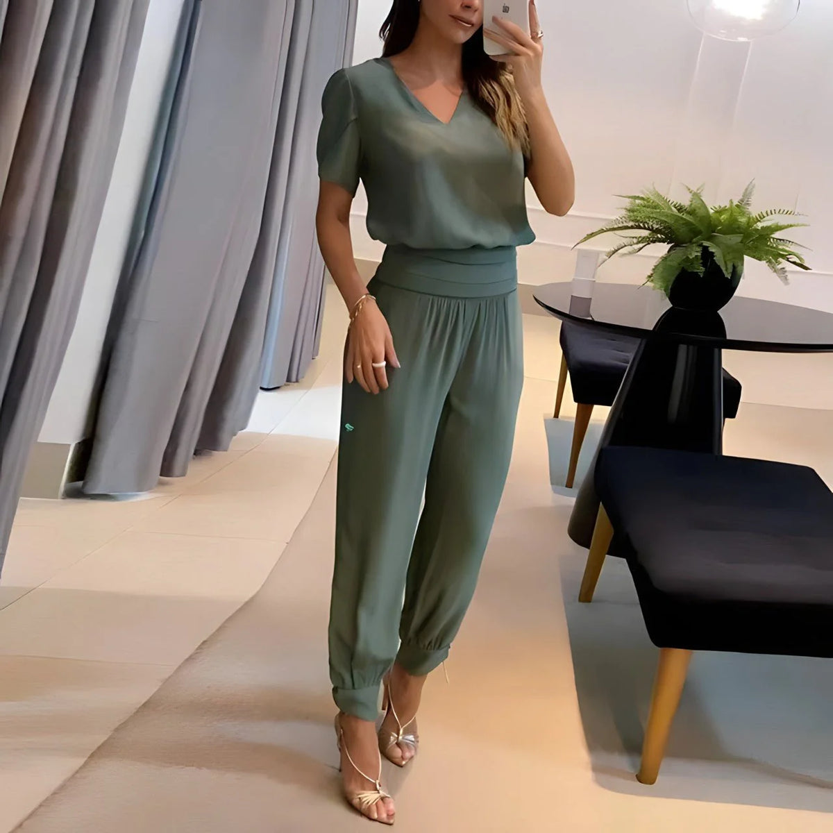 Blouse & Pants Set V-Neck Breathable Wide-Leg