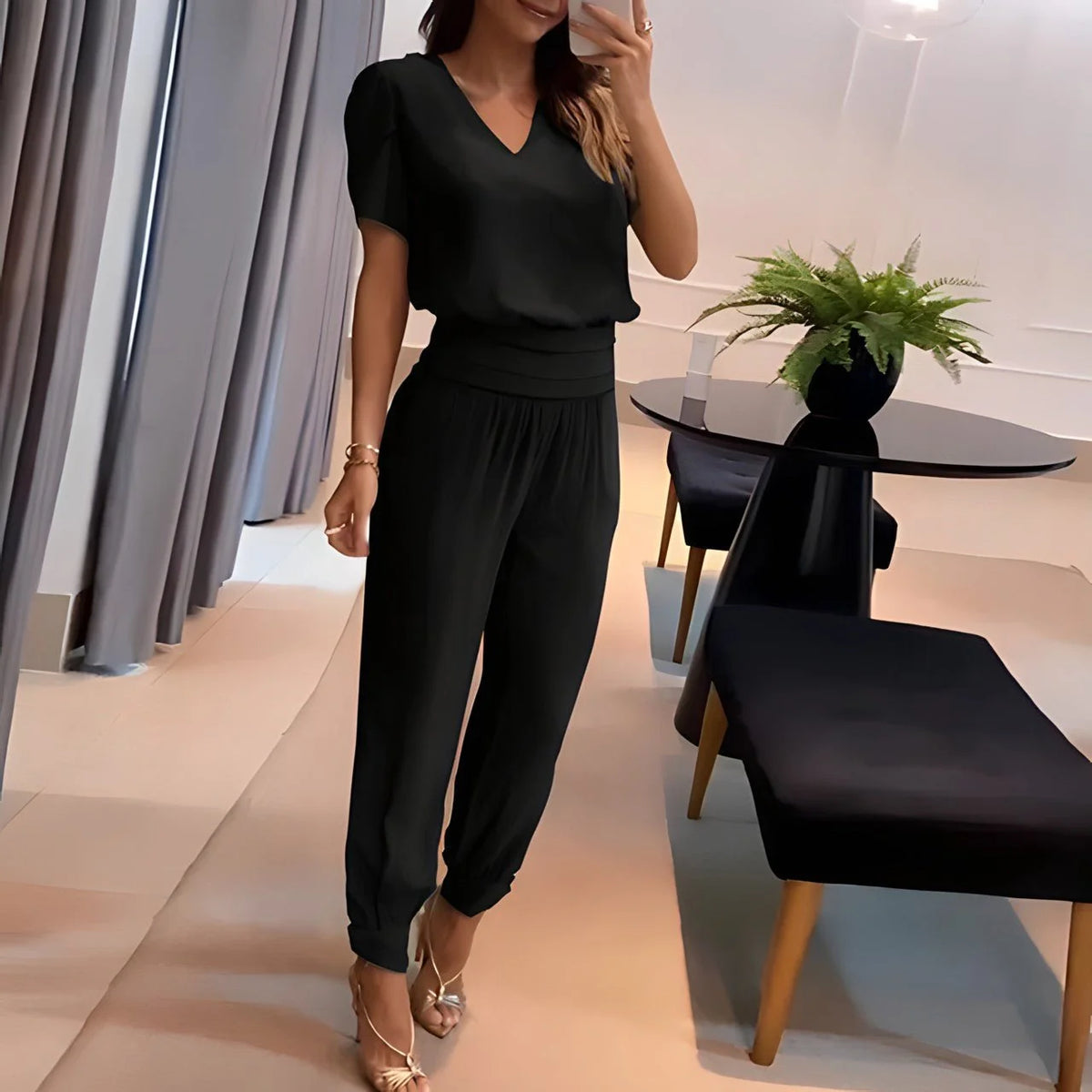 Blouse & Pants Set V-Neck Breathable Wide-Leg