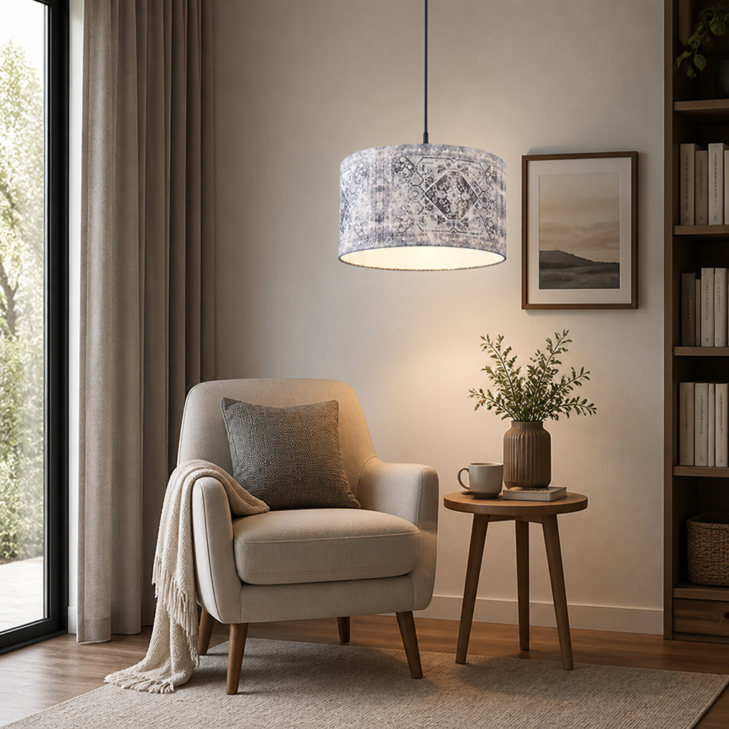 Blue-Grey Fabric Height-Adjustable Pendant Light