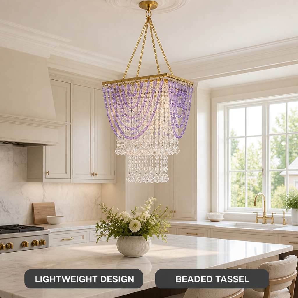 Boho Amethyst Beaded Tassel Pendant Light