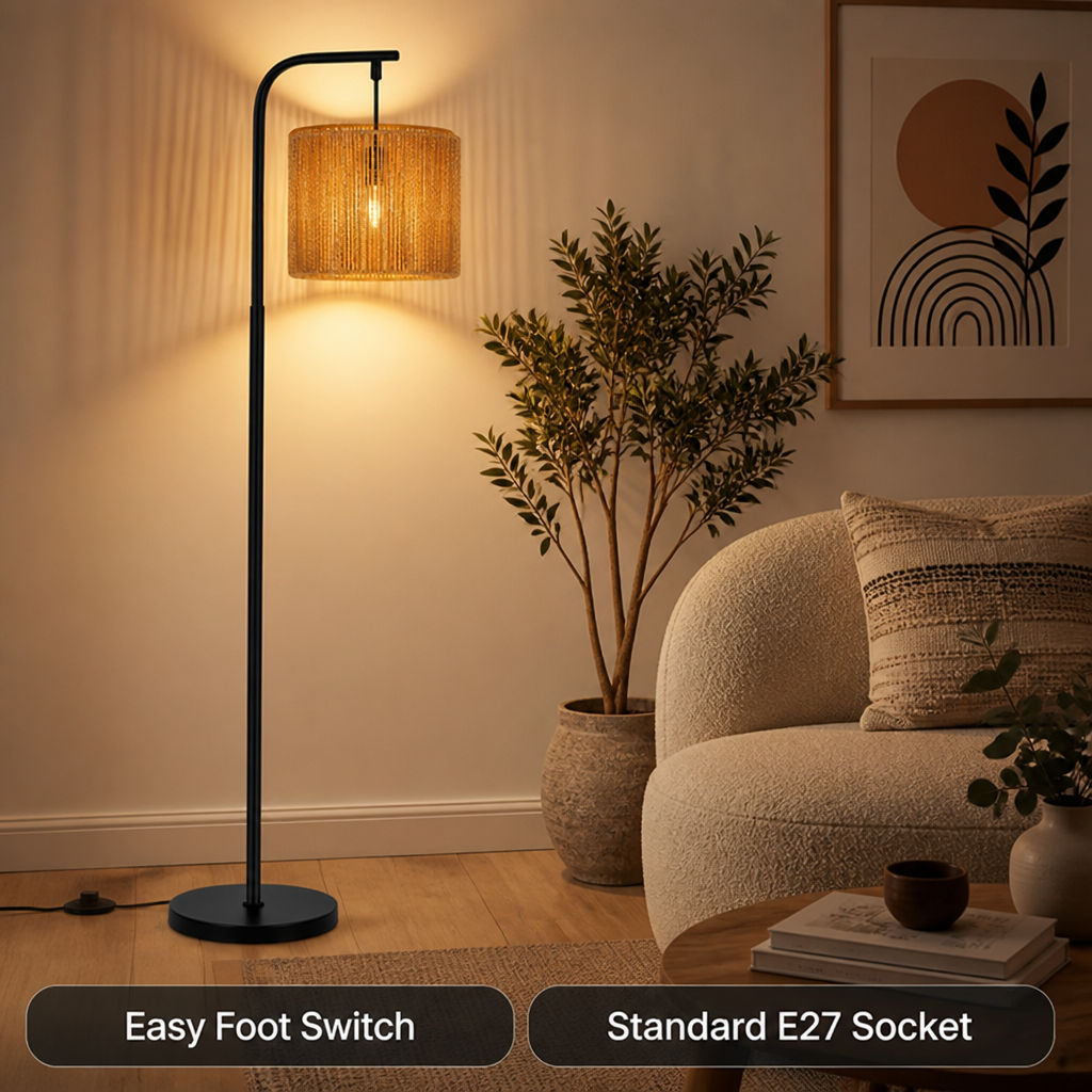 Boho Black Wicker Foot Switch Floor Lamp
