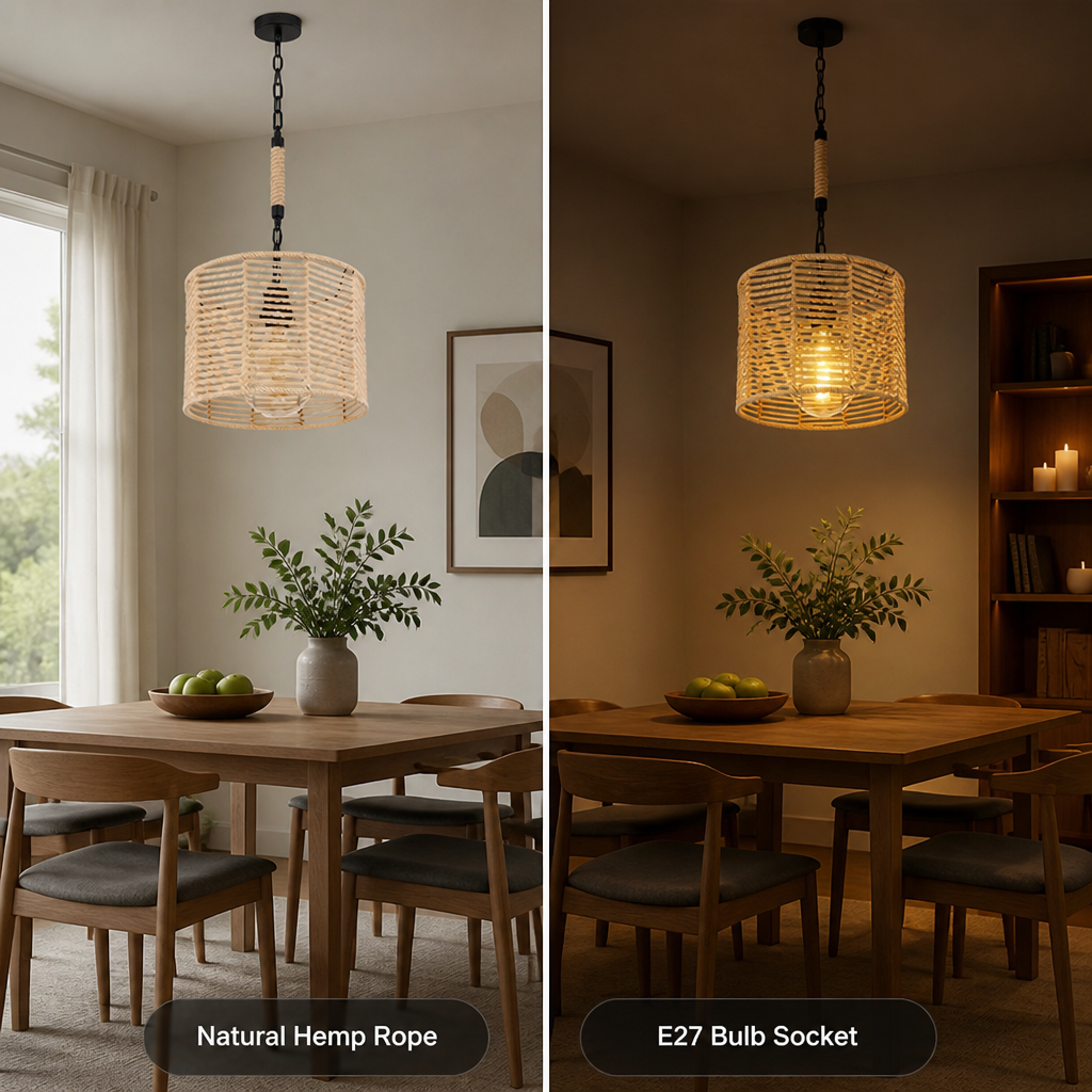 Boho Jute Rope Black Chain Pendant Light