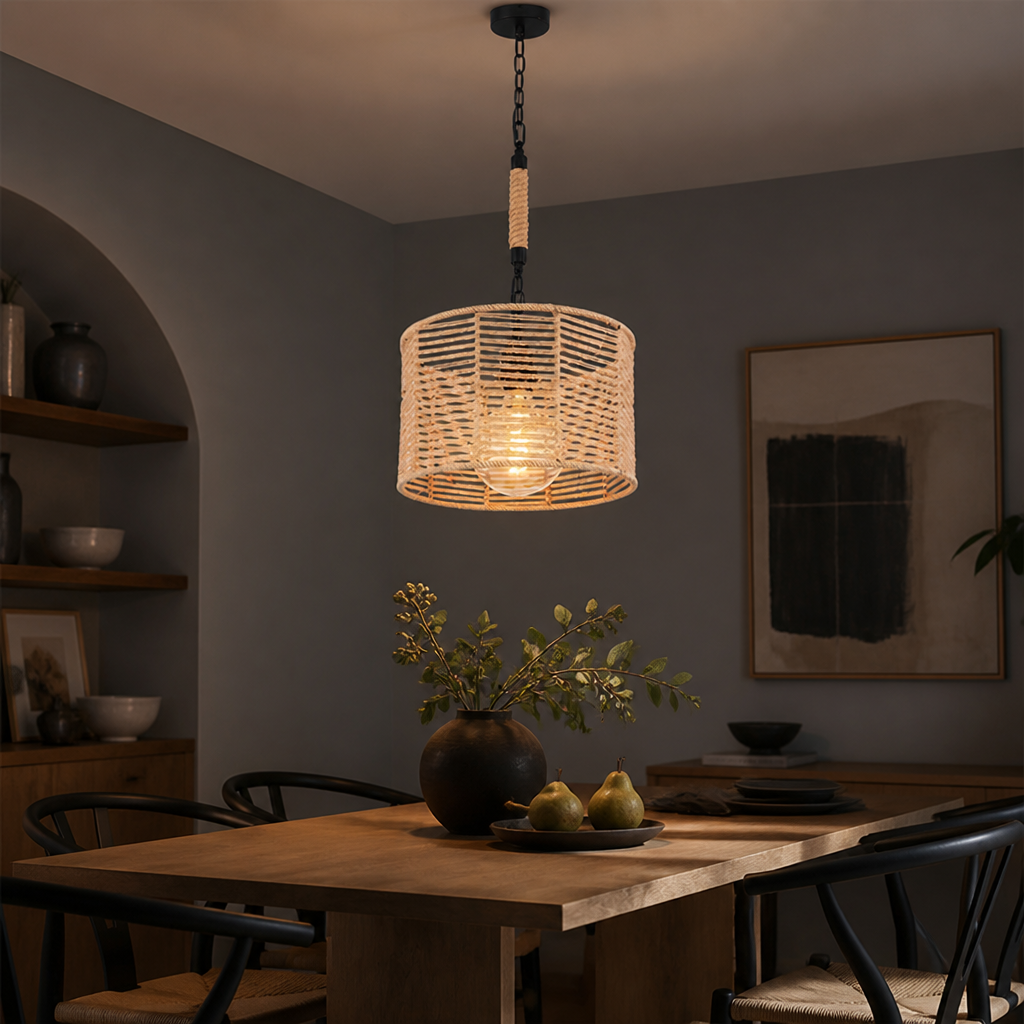 Boho Jute Rope Black Chain Pendant Light