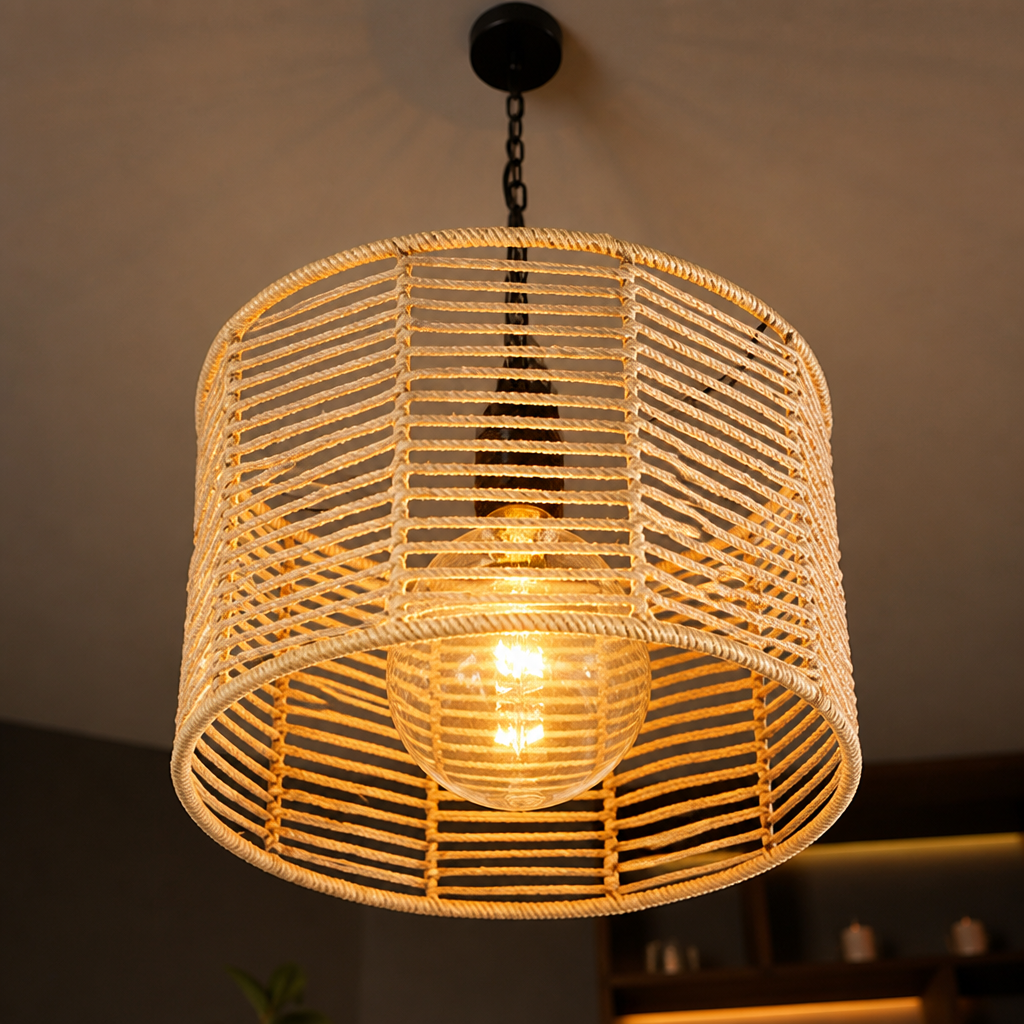 Boho Jute Rope Black Chain Pendant Light