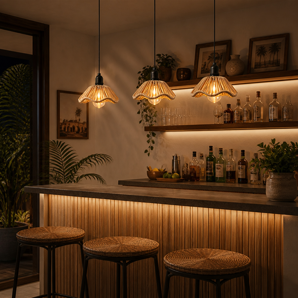 Boho Rattan LED Flower Shade Pendant Light