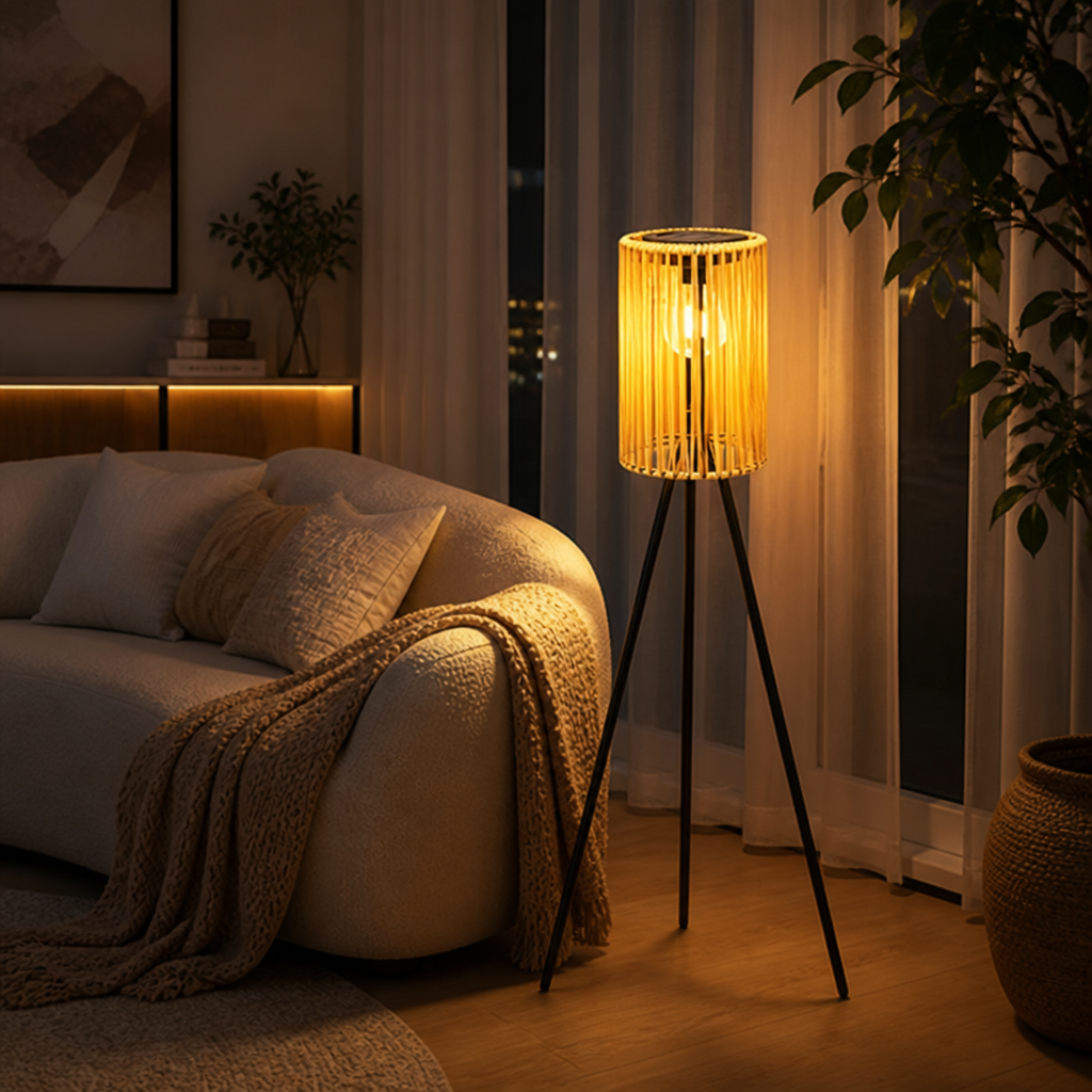 Boho Solar Wicker Tripod Floor Lamp
