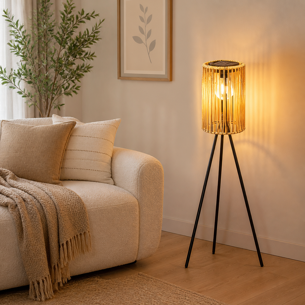 Boho Solar Wicker Tripod Floor Lamp