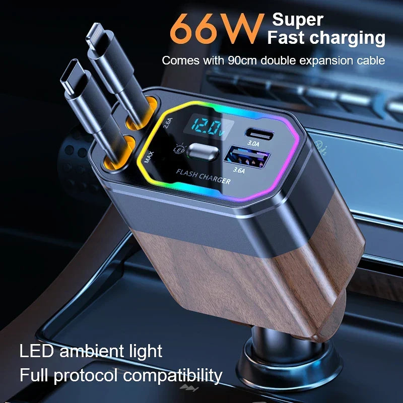 Car Charger Retractable USB-C & Multi-Connector 120W