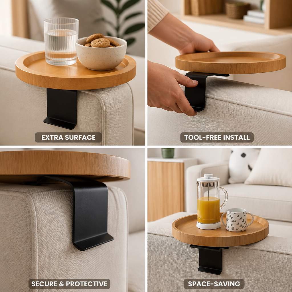 Clip-On Sofa Table Round Wood Top Tool-Free Clamp
