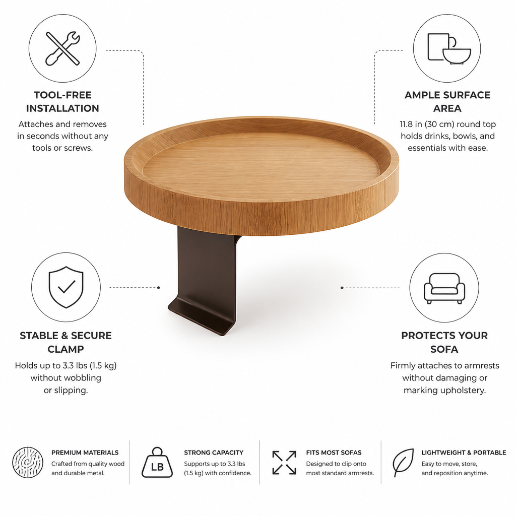 Clip-On Sofa Table Round Wood Top Tool-Free Clamp
