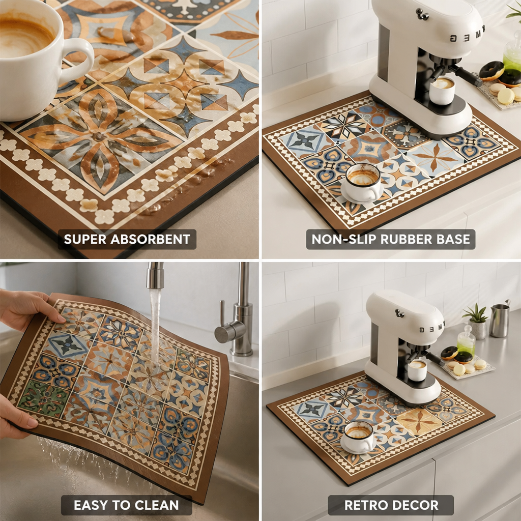 Coffee Mat Retro Tile Absorbent Non-Slip Rubber Backing