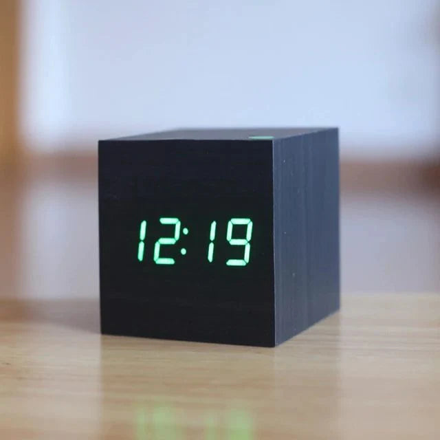 Digital Cube Clock Bamboo & Wood Battery-Powered
