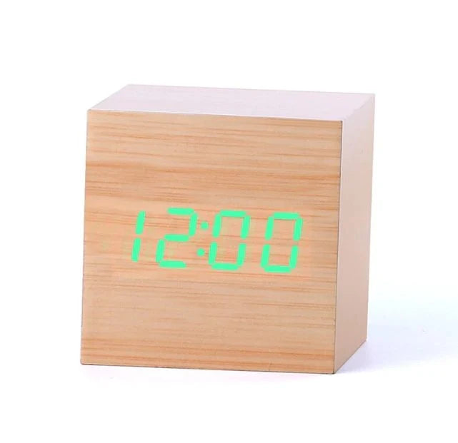 Digital Cube Clock Bamboo & Wood Battery-Powered