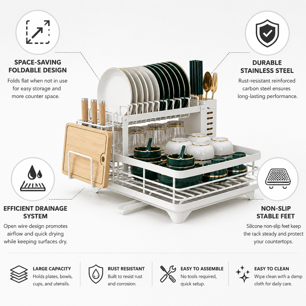 Dish Drying Rack Foldable Rust-Resistant Steel Non-Slip Feet