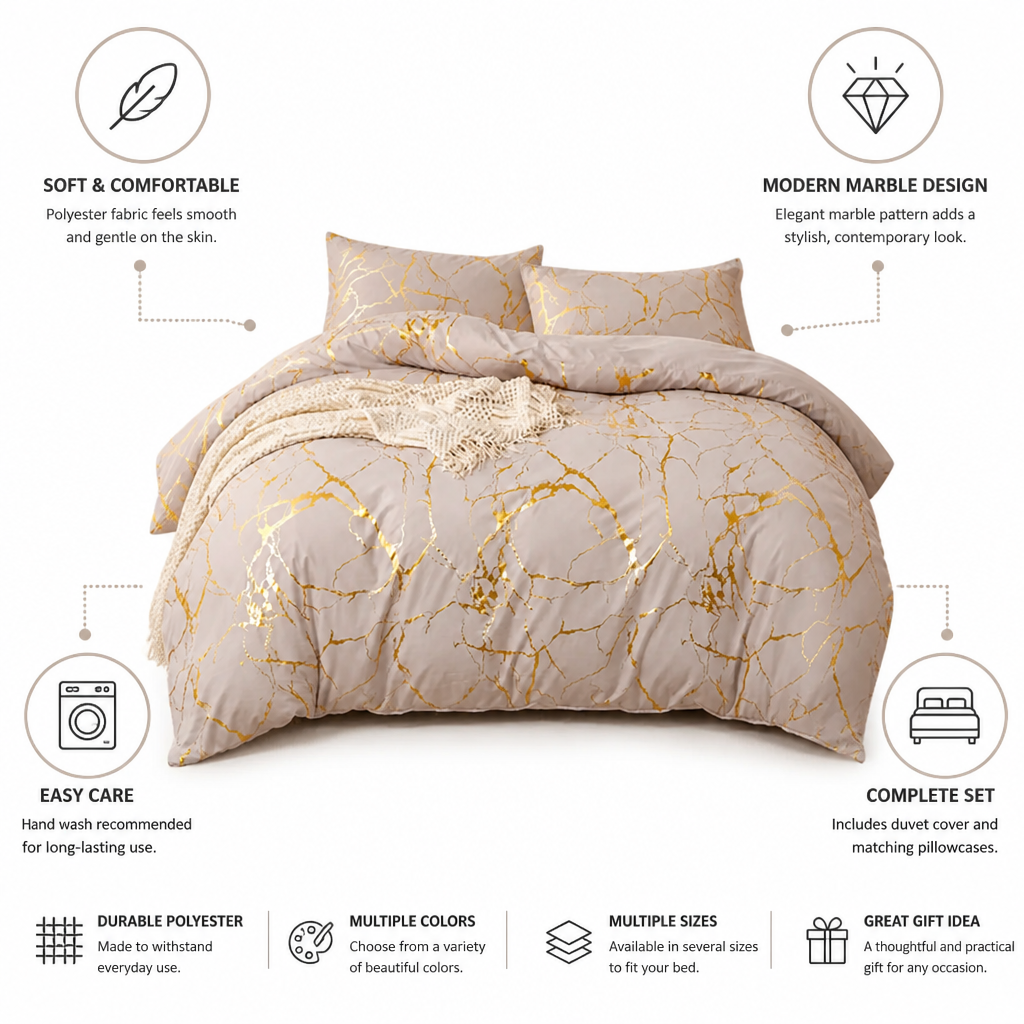 Duvet Cover Marble Pattern Silky Polyester Includes Pillowcases