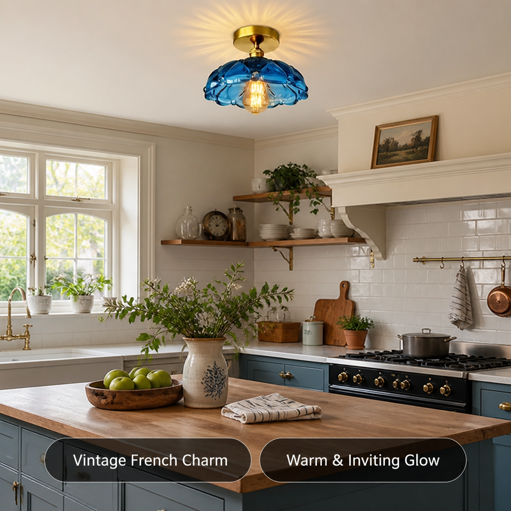 French Glass Semi-Flush Ceiling Light