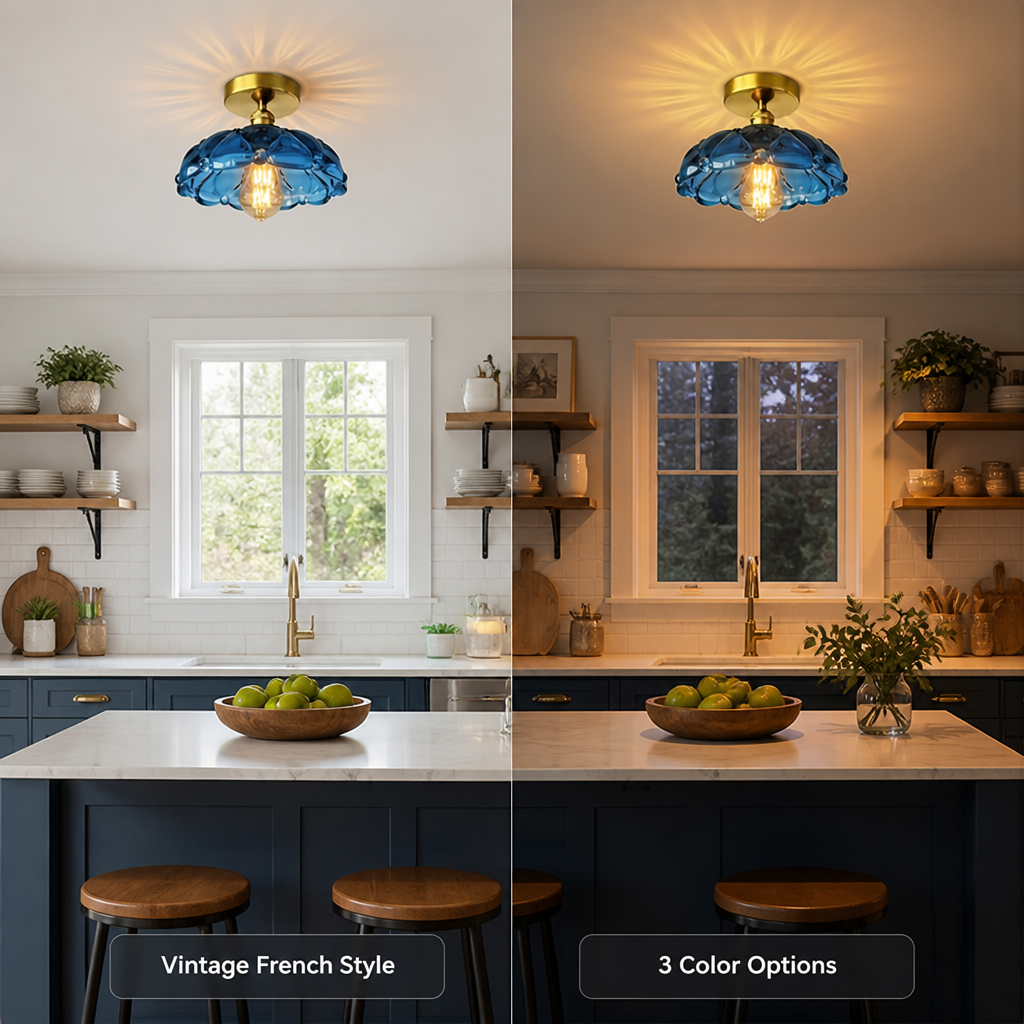 French Glass Semi-Flush Ceiling Light