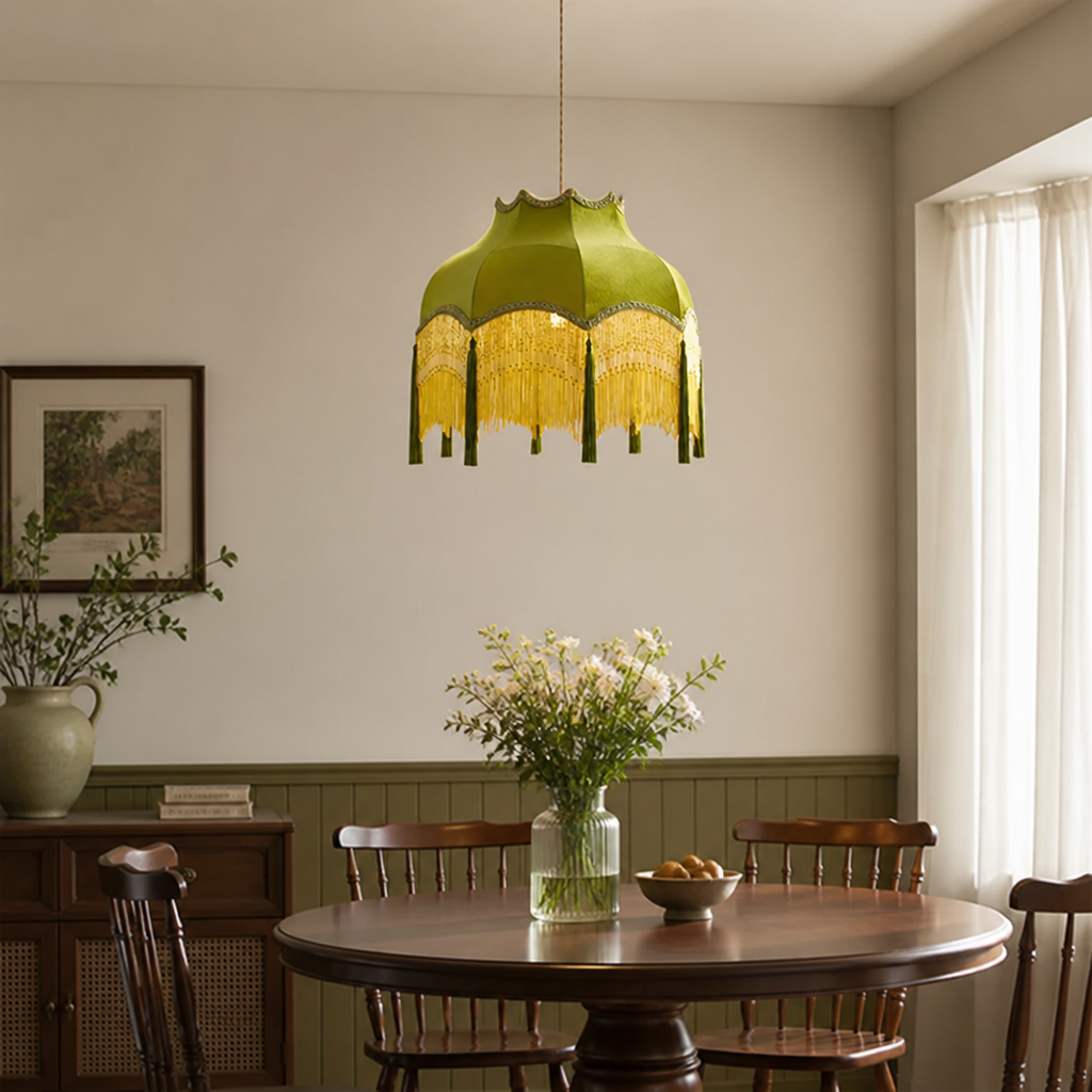 French Green Velvet Tassel Pendant Light