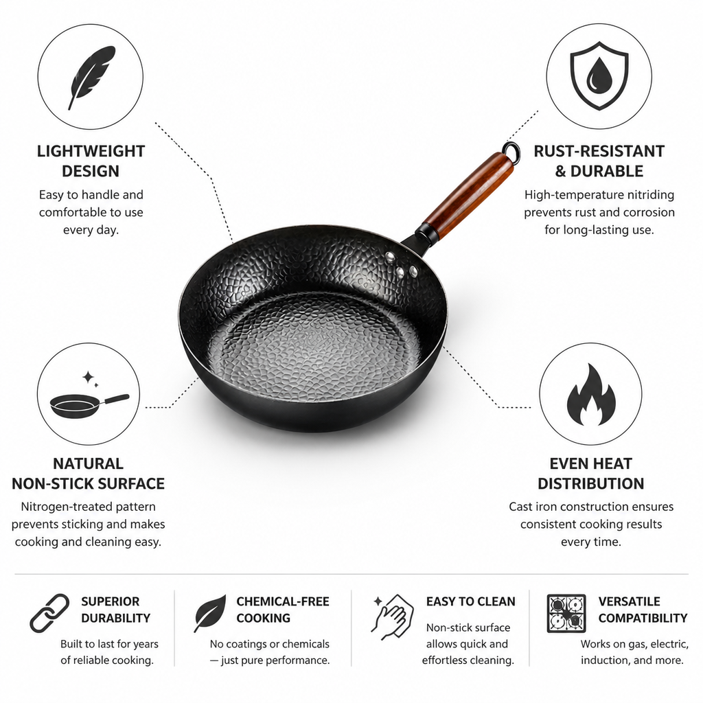 Frying Pan Cast Iron Lightweight Natural Non-Stick Rust-Resistant