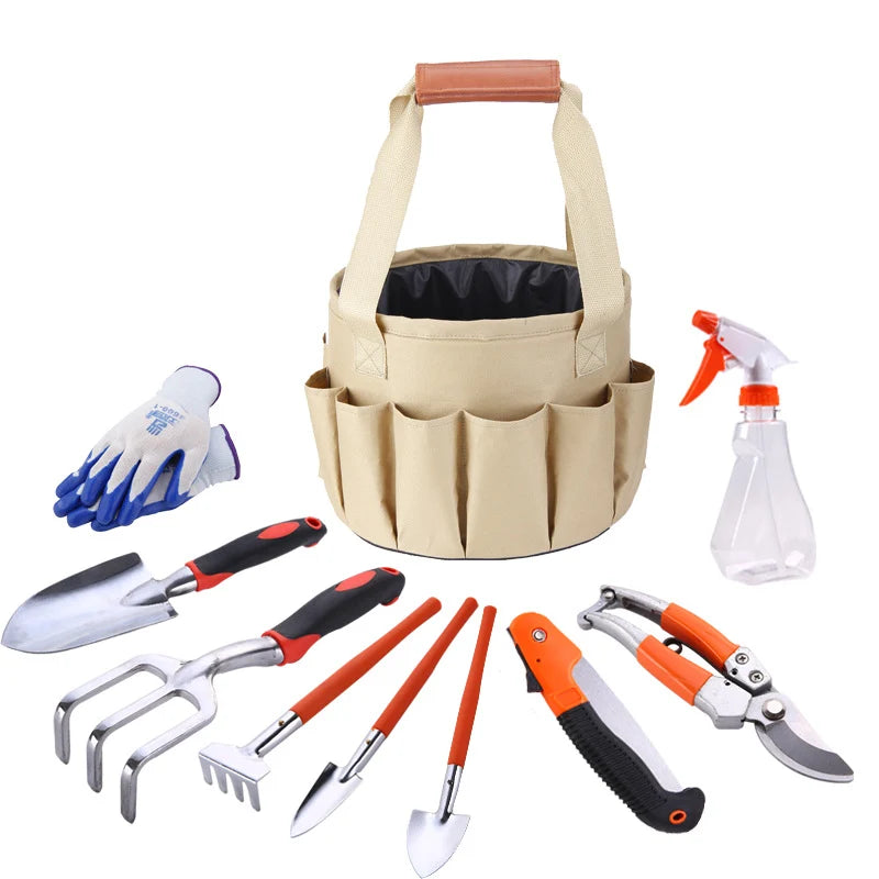 Garden Tool Set 10-Piece Ergonomic Handles Multi-Compartment Bag