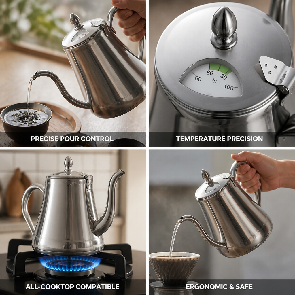 Gooseneck Kettle Stainless Steel Thermometer Lid Triple-Layer Base