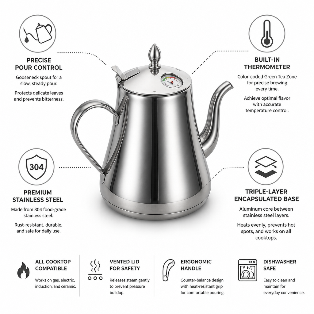 Gooseneck Teapot Stainless Steel Precision Pour & Thermometer