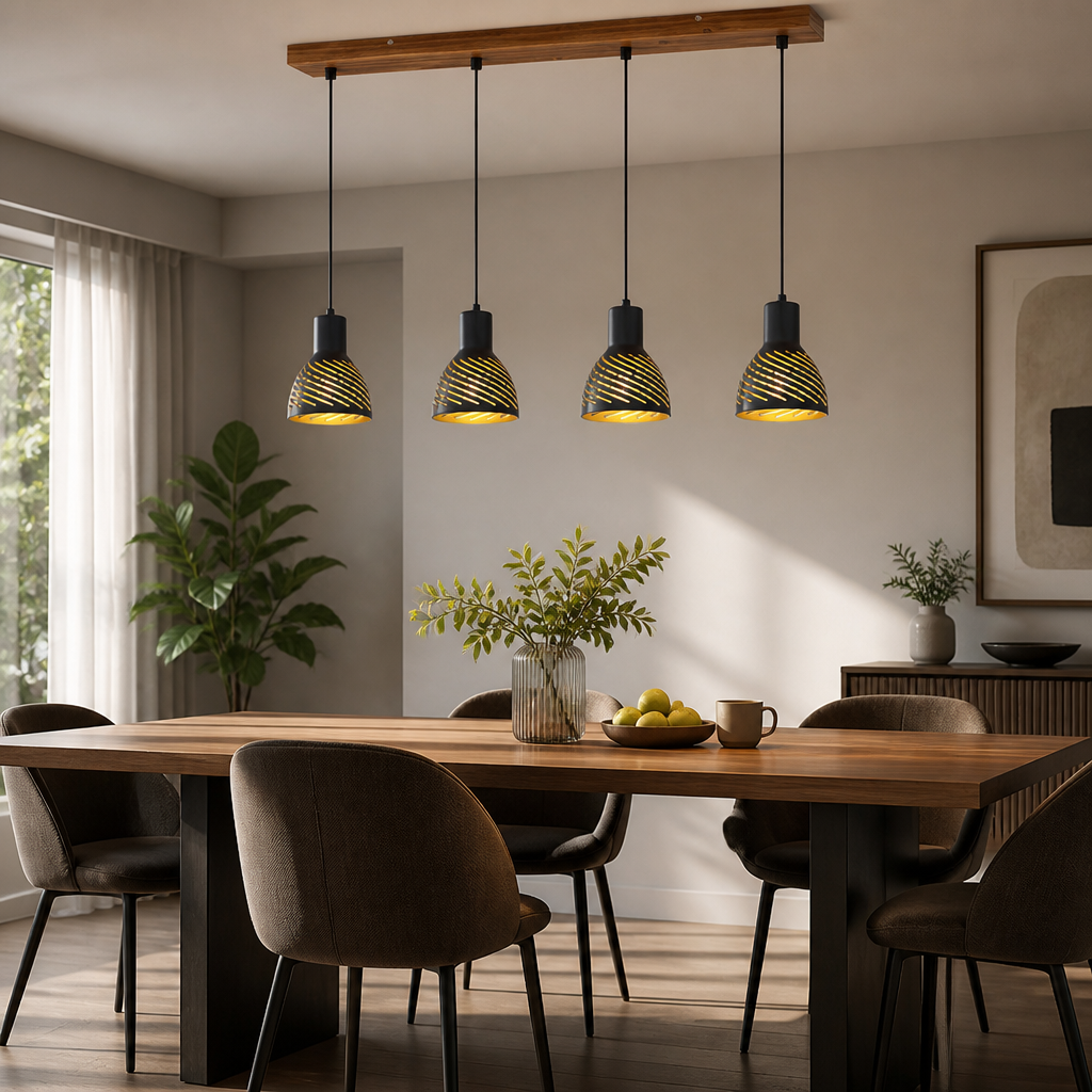 Industrial Black & Gold Four-Light Pendant Light