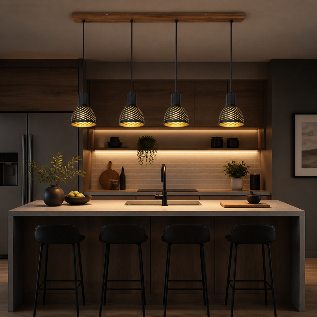 Industrial Black & Gold Four-Light Pendant Light