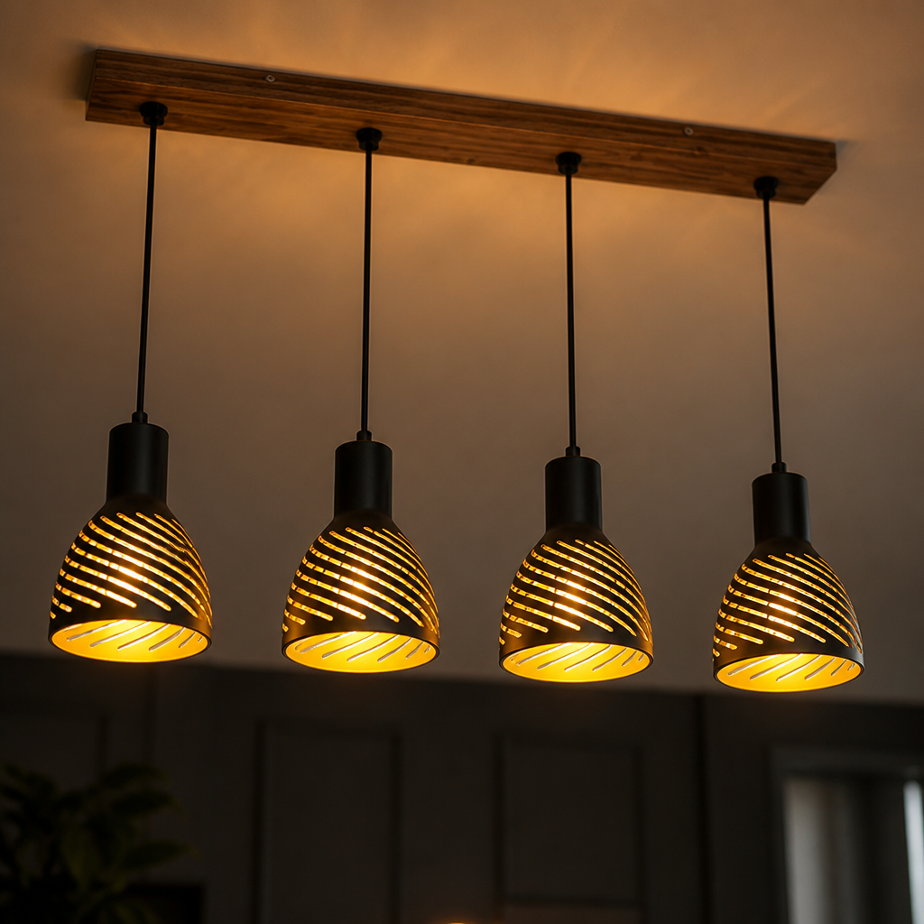 Industrial Black & Gold Four-Light Pendant Light
