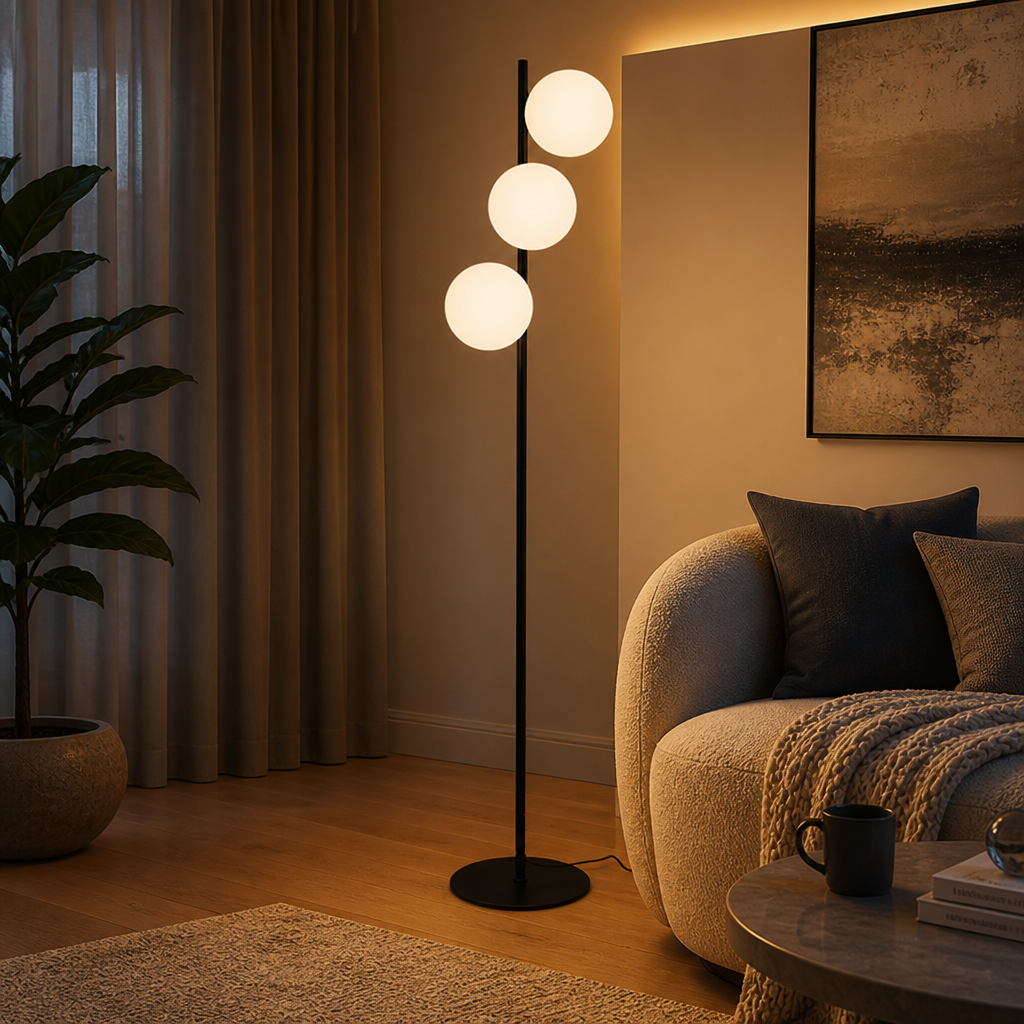 Industrial Black Metal Three-Shade Floor Lamp
