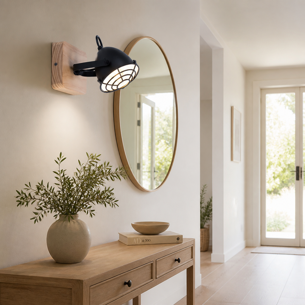 Industrial Black & Wood Grid Shade Wall Sconce