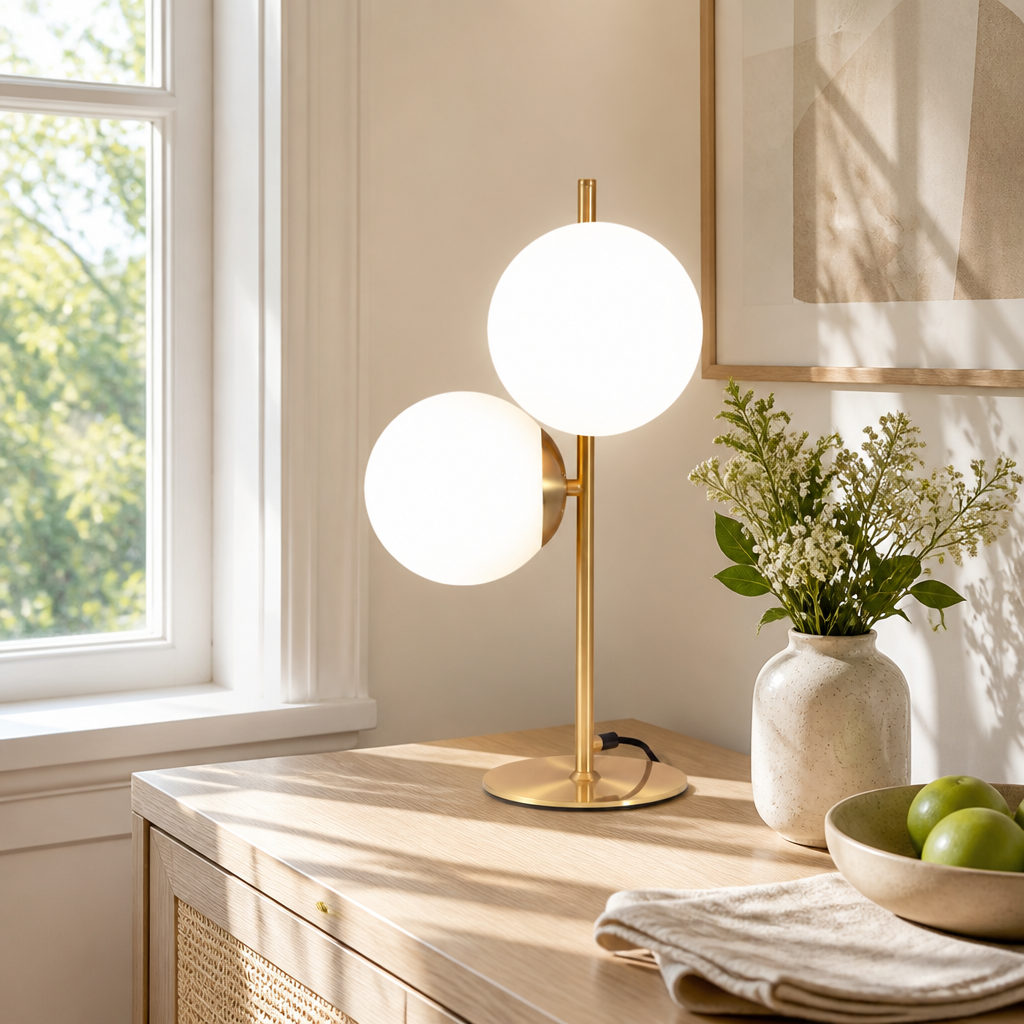 Industrial Brass White Glass Shade Table Lamp