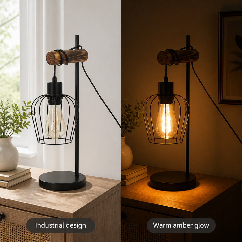 Industrial Metal & Wood Table Lamp