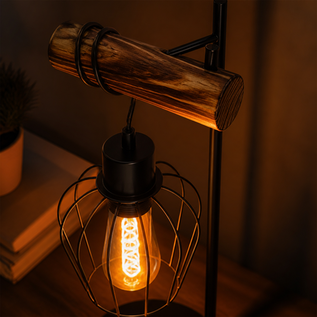 Industrial Metal & Wood Table Lamp