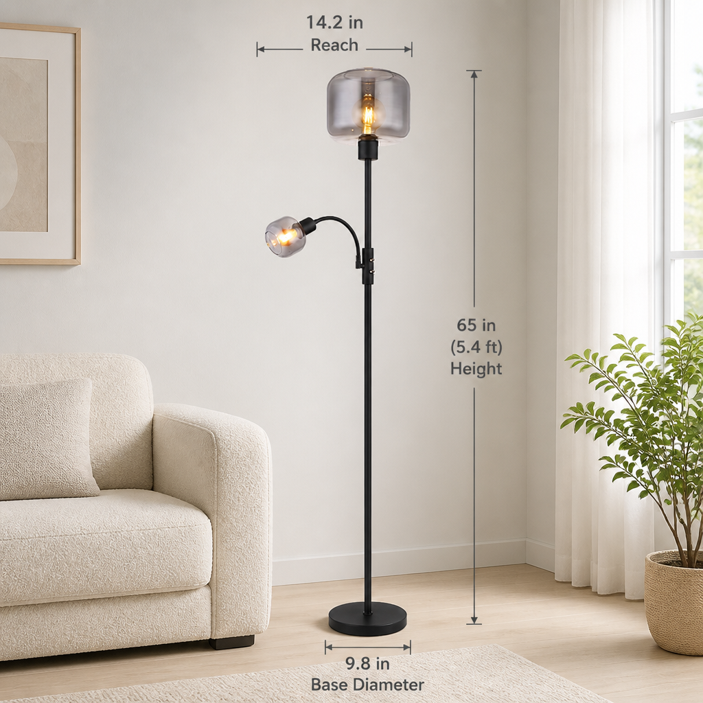 Industrial Smoked Glass Adjustable Arms Floor Lamp