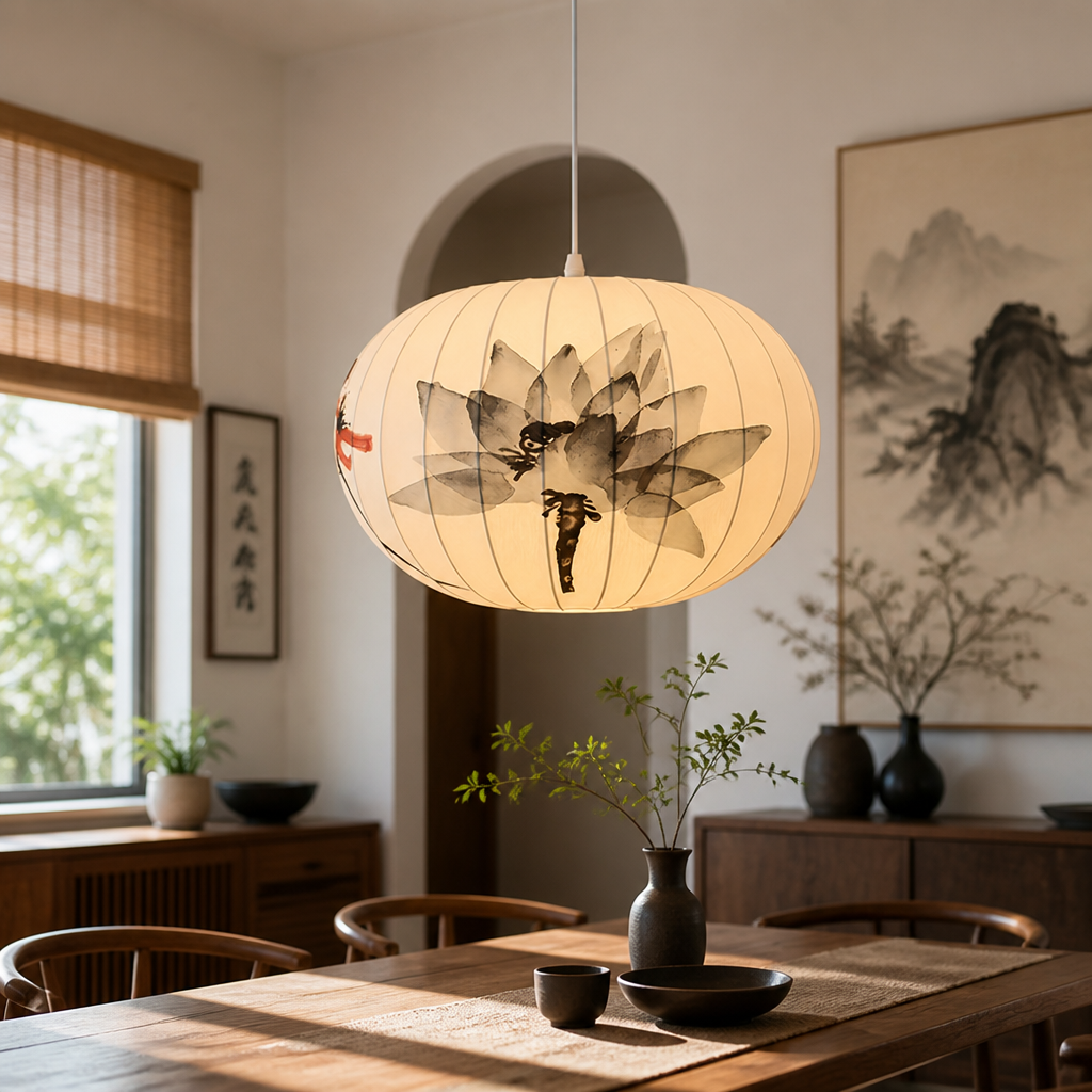 Ink Wash Lotus Pattern Pendant Light