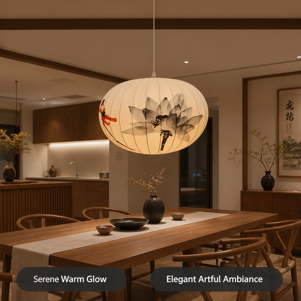 Ink Wash Lotus Pattern Pendant Light
