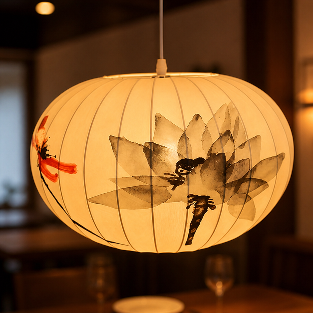 Ink Wash Lotus Pattern Pendant Light